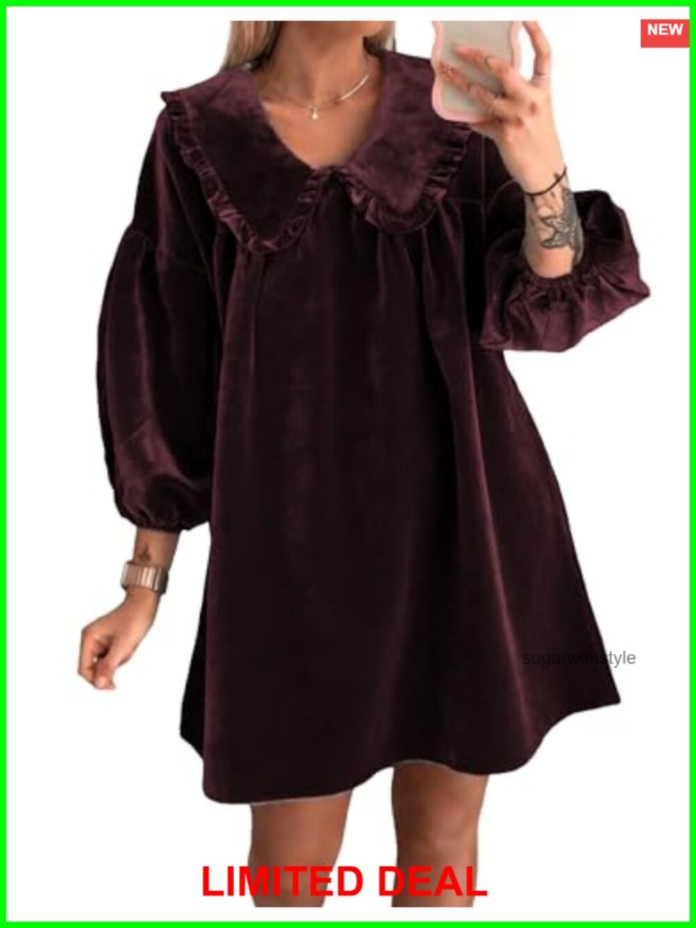 Velvet Babydoll Mini Dress Ruffle Collar Puff Sleeve A-Line